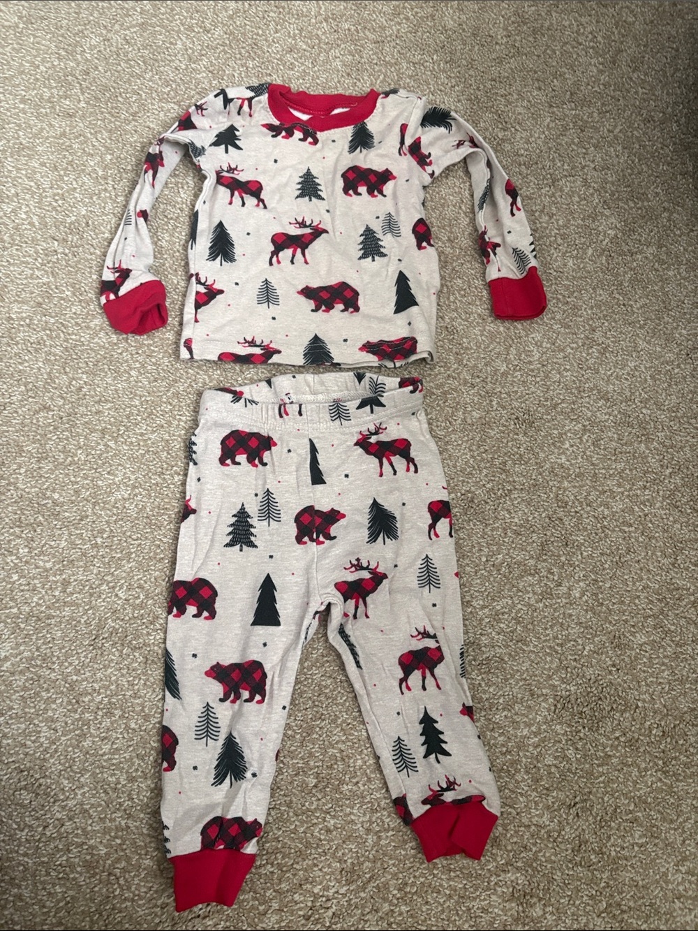 Kids Red & Cream Buffalo Plaid Moose and Bear Pajama Set
